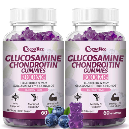 CocoaNee 2 Packs 3000MG Glucosamine Chondroitin Gummies, Extra Strength Joint Support Supplement with MSM & Elderberry, Flexibility, Antioxidant Immune Support Gummy for Adults, Men & Women 120Cts