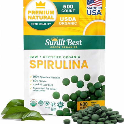 Sunlit Best Spirulina Tablets - Organic Spirulina Tablets USDA Premium 500 Count - Natural Spirulinas Organic Burst for Immune Support Muscle Growth, Energy Boost w/Chlorophyll - High Protein, Non GMO