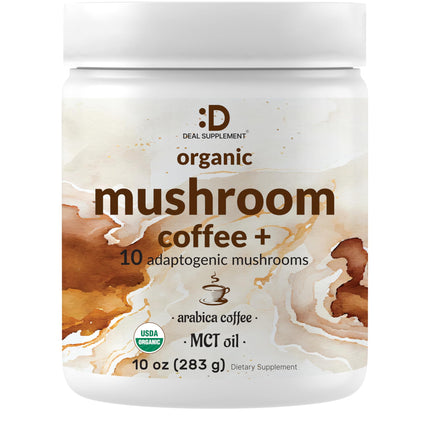 Organic Mushroom Coffee, 10oz – 10 Adaptogenic Mushrooms with Arabica Coffee + MCT Oil for Smooth Flavor – Turkey Tail, Lions Mane, Cordyceps, Chaga, Reishi – Immune, Energy,& Brain Support Supplement