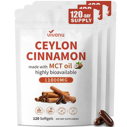 VivoNu 2-in-1 Organic Ceylon Cinnamon with MCT Oil Supplements Softgels, 360 Day Supply, Liposome Highly Bioavailable Extract, Energy & Metabolism Support, Non-GMO, Gluten Free, 360 Softgels, 3 Bag