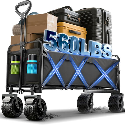 Ecogou 350L Large Capacity Foldable Wagon with Brakes, 560lbs Heavy Duty Collapsible Wagon Cart with Push Handle All-Terrain Big Wheels for Camping, Sports, Shopping, Beach