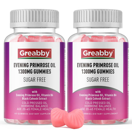GREABBY Evening Primrose Oil Gummies 1300mg with Black Cohosh & Vitamin B6, Sugar-Free, PMS Relief Supplements for Women 20-45, Chewable PMS Gummies, Strawberry Flavor, Vegan, Pectin, 120 Count