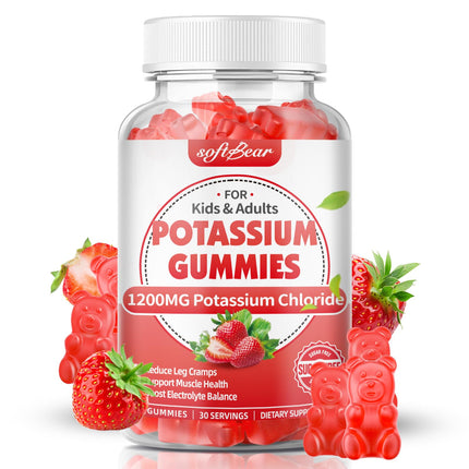 softbear Potassium Gummies for Adults, Sugar Free Potassium Chloride Gummies 1200mg Support Leg Cramps & Electrolyte Balance High Potency Potassium Supplement, Strawberry Flavor 60 Count