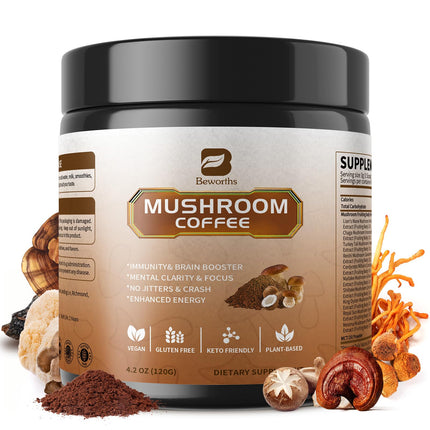B BEWORTHS Mushroom Coffee Powder with MCT Oil - 10 Mushrooms Lion's Mane, Turkey Tail, Reishi, Cordyceps & Chaga - Arabica Instant Mushroom Coffee for Focus, Immune, Gut & Brain Health | Vegan, Keto