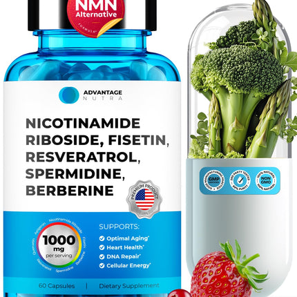 AdvantageNutra Liposomal Nicotinamide Riboside NR Supplement Resveratrol NAD : Nicotinamide 500mg w/Fisetin, Resveratrol Powder Spermidine Berberine NAD Resveratrol Supplement 500 mg - 60 caps 1 Pack