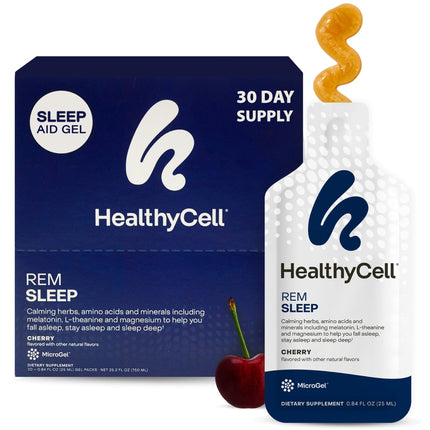 Healthycell REM Sleep Aid Supplement for Adults - Liquid Gel Extra Strength Sleep Supplement with Melatonin, Magnesium, L-Theanine, GABA & Natural Calming Herbs - 30 Gel Packs, Cherry Flavored