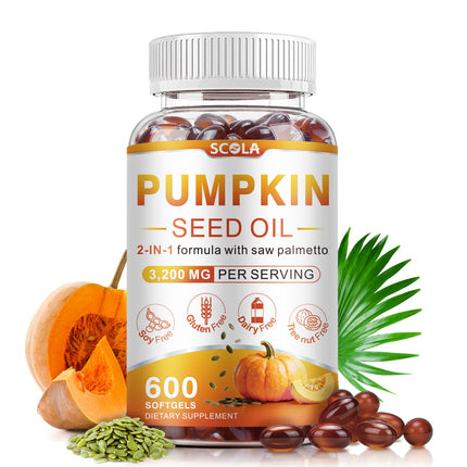 SCOLA Pumpkin Seed Oil with Saw Palmetto,3200mg/Serving,Cold-Pressed with Essential Fatty Acids & Phytosterols,Supports Hair, Immune,Bladder & Prostate Health,Non-GMO (600 Softgels)