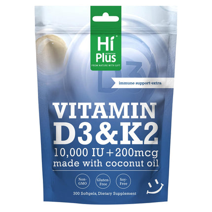 HiPlus Vitamin D3 10,000 IU + K2 200 mcg, 300 Softgels | Coconut Oil | 2-in-1 Bone, Immune & Heart Support | Easy to Swallow, Non-GMO