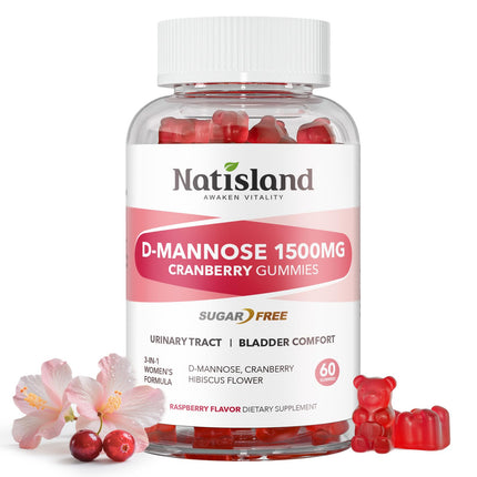 NATISLAND D Mannose with Cranberry Gummies, D-Mannose Supplements 1500mg for Women, with Hibiscus for Urinary Tract Health, Bladder, Liver Support, Sugar-Free, Vegan, Raspberry Flavor, 60 Count
