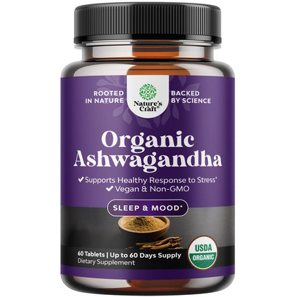 High Strength Organic Ashwagandha Supplements - Ashwagandha Organic Tablets for Mood Support & Hormone Balance for Women & Men - Root Extract Powder with Black Pepper for Better Absorption - 60 Ct