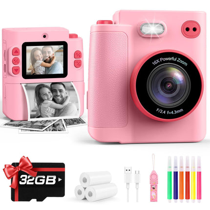 Yunaking Kids Camera Instant Print, Birthday Christmas Girls Gift 3-12 Pink