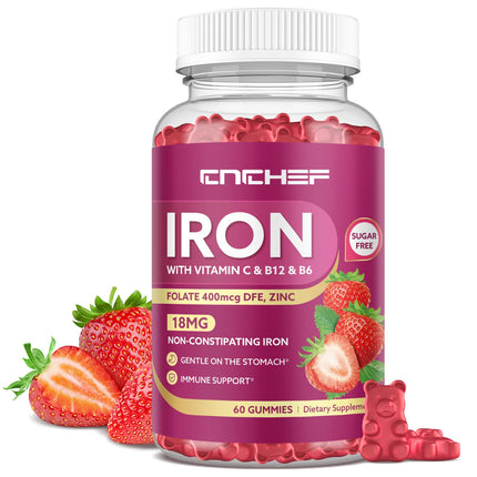 Iron Supplement for Women & Men Gummies, Multivitamin Blood Builder Iron Supplement with Folate Vitamin C B12 B6 Zinc for Adults & Kids - Energy Support - Strawberry Flavor, Vegan 60 Gummies
