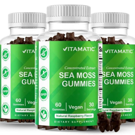 Vitamatic Irish Sea Moss Gummies with Bladderwrack & Burdock Root – Botanical Extract Supplement – Vegan, Non-GMO – 60 Count - 3 Pack