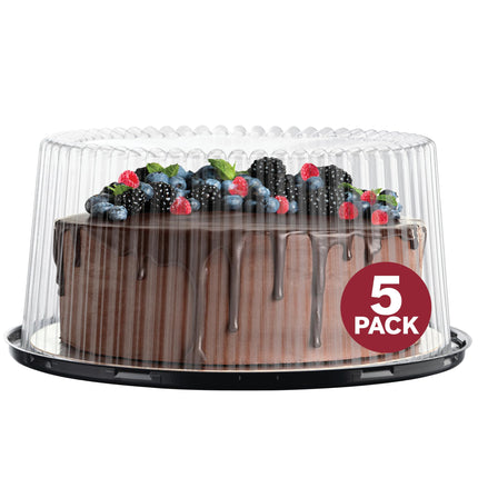 10 - 11" Plastic Disposable Cake Containers Carriers with Dome Lids and Cake Boards | 5 Round Cake Carriers for Transport | Clear Bundt Cake Boxes / Cover | 2-3 Layer Cake Holder Display Containers