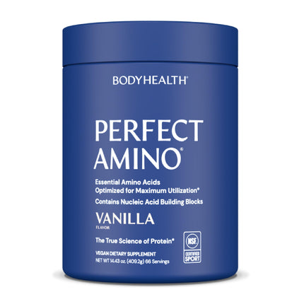 BodyHealth PerfectAmino Powder - BCAA and EAA Powder for Pre and Post Workout - Amino Acid Energy Drink to Support Lean Muscle and Recovery - NSF Certified for Sport - Vanilla - 66 Servings