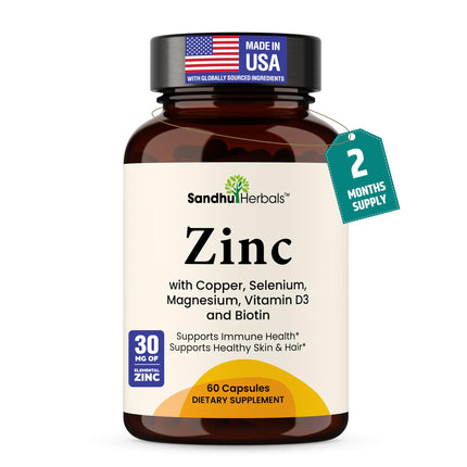 Zinc 30mg with Copper, Selenium & Vitamin D3 | 60 Capsules | Magnesium, Vitamin B6, Biotin | Absorbable Zink Supplements for Men & Women | Chelated Zinc for Immune Health, Skin, Hair, & Nails Support