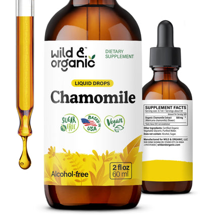 Wild & Organic Chamomile Tincture - Add to Tea for Relaxation Support - 500 mg Chamomile Flowers Drops - Mood Support Herbal Supplement - 28-Day Supply - Vegan, Sugar & Alcohol-Free - 2 fl oz