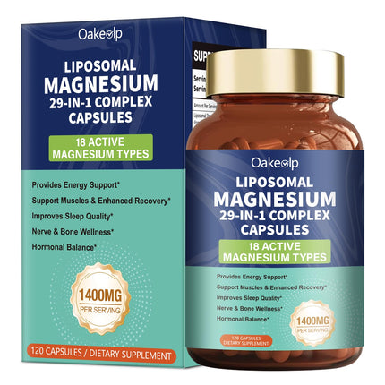 29-in-1 Liposomal 18 Active Types Magnesium Complex 1400MG Capsule,Citrate Glycinate Malate etc,Mild & Efficient,Extra Vitamin B6 B12 D3K2 & CoQ10, Relaxation Nerve* & Hert* Support