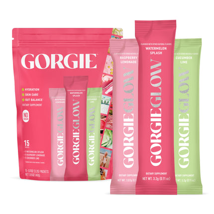 GORGIE Glow Hydration Packets, Sugar-Free Electrolyte Powder Sticks, Hyaluronic Acid, Probiotics, Aquamin, Vitamins C, D Daily Hydration, Skin and Gut Support, Caffeine Free - Variety Pack 15 Sticks