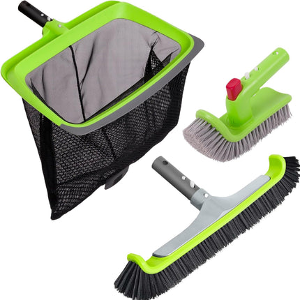 Sepetrel 3-Piece Pool Cleaning Kit -Pool Skimmer Net, 17.5" Aluminum Pool Wall Brush & 90° Rotatable Hand Scrub Brush for Steps, Corners, Vinyl Liners(No Pole)