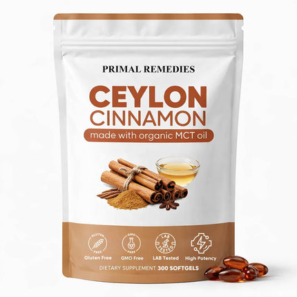 Primal Remedies Ceylon Cinnamon - 300 Softgels with MCT Oil, Highly Bioavailable, Non-GMO, Gluten Free, Vegan Capsules for Metabolism Support