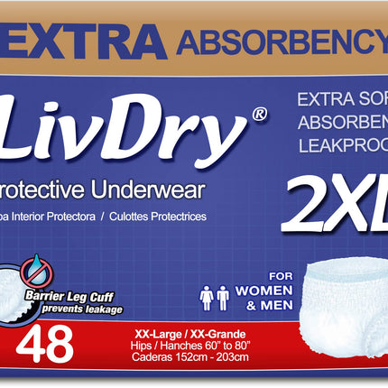 LivDry Adult XXL Incontinence Underwear, Extra Comfort Absorbency, Leak Protection, XX-Large, 48-Pack