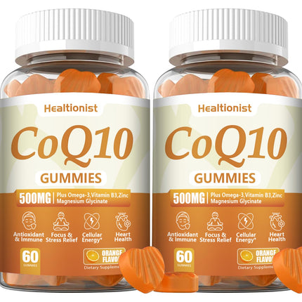 Healtionist 2 Pack 500MG Coq10 Gummies - 3X Better Absorption, Plus Omega-3, Magnesium, Vitamin B3 & Zinc - Coenzyme Q10 Supplements for Heart Health, Cellular Energy & Antioxidant, Vegan, 120 Counts