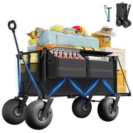 Beach Wagon with Big Wheels for Sand - 450lbs Load Heavy Duty Wagons Carts Foldable with 9" All Terrain Inflatable Tires, Collapsible Beach Cart for Grocery Shopping Garden Sports Camping Outdoor
