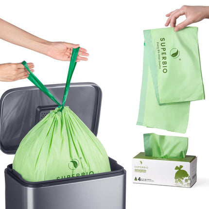 SUPERBIO 4 Gallon Compostable Drawstring Food Scrap Bags,15.1 Liter, 40 Count, 0.9 Mil,Heavy Duty Waste Bags, BPI, Seedling and OK compost INDUSTRIAL