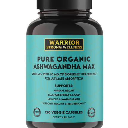 Warrior Strong Wellness Pure Organic Ashwagandha Capsules with Bioperine - 2400 mg - 120 Capsules - Healthy Stress Response and Mood Boost, Immune Health, Better Sleep
