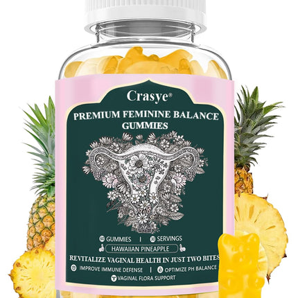 Crasye Premium Feminine Balance Gummies PH Balance Vaginal Health Gummies Probiotics Hawaiian Pineapple Female Gummy for Women Private Area - 60 Gummies - 30 Servings
