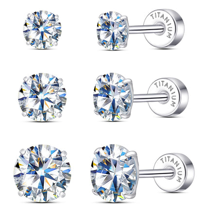 Limerencia Moissanite Stud Earrings, 3 Pairs Titanium Screw Back Earrings