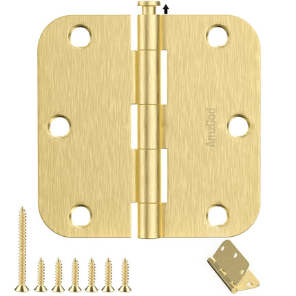 AmzGod Satin Brass Door Hinges - 12 Pack Gold Door Hinges 3.5 Inch Rounded Interior Door Hinge with 5/8" Radius - 3 1/2 Inches Flat Iron Brass Hinges for Residential Standard Doors