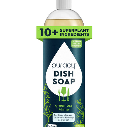 Puracy Natural Dish Soap - Skin-Softening Plant-Based Dishwashing Soap, Non-Toxic Dish Soap, Organic Liquid Dishwashing Detergent Soap (Green Tea & Lime, 16 fl oz)