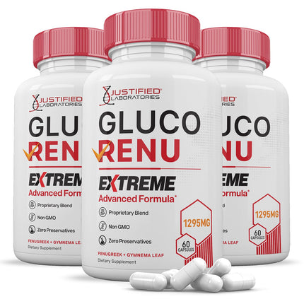 (3 Pack) Gluco Renu Extreme 1295MG Glyco Support Pills Advacned Formula Gluo Renew Glycogen Support Formulated with Turmeric Berberine Resveratrol Garlic Bitter Melon Milk Thistle 60 Capsules