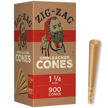 ZIG-ZAG Pre Rolled Cones 1 1/4 Size (900 Pack) Unbleached - Slow Burning Pre Rolled Cones with Tips & Packing Tubes Included - Bulk Pack