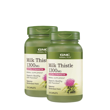 GNC Herbal Plus Milk Thistle 1300mg, Twin Pack, 120 Caplets per Bottle, Supports Healthy Liver Function (Pack of 2)