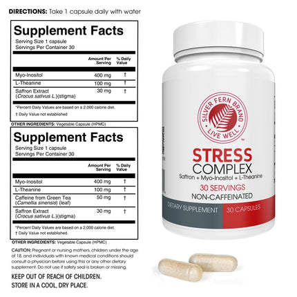Silver Fern Stress Complex Supplement - Without Caffeine - Sleep, Worry, Mood & More - with Saffron Supplements, L-Theanine Supplement, & Myo-inositol - Natural Stress Relief Supplement (Pack of 2)
