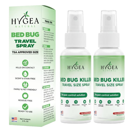 Hygea Natural Lice, Mite, and Bed Bug Killer Travel Spray - TSA Approved 3 oz Size Bottles, Child & Pet Friendly, Stain & Odor Free, for Hotels, Suitcase, Backpack, Shoes, Bed Bug Spray (2 Pack)