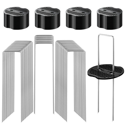 200Pcs Garden Stakes Staples Kit, 100Pcs 6 Inch U-Shaped Landscape Staples, 100Pcs Fixing Gasket for Weed Barrier Fabric, Ground Cover, Holding Fence and Artificial Turf
