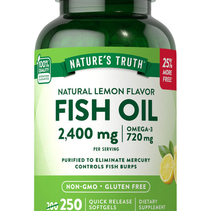 Nature's Truth Burpless Fish Oil 2400mg | 250 Softgels | 720 mg Omega 3 | Natural Lemon Flavor Pills | Non-GMO & Gluten Free Supplement