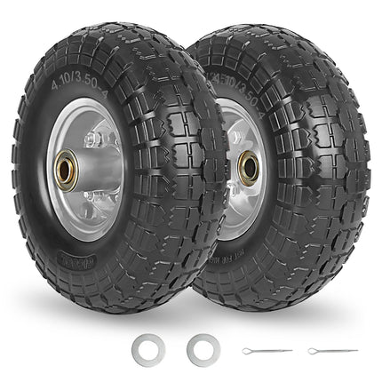 GICOOL 4.10/3.50-4" Flat Free Tire and Wheel, 10" Heavy Duty Solid Tire, 5/8" Axle Bore Hole, 2.2" Offset Hub, for Hand Truck Garden Cart Wagon Trolley Dolly, 2 Pack