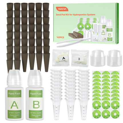 Owltron 165 Pcs Hydroponic Seed Pods Kits, Grow Anything Kit Pod for Indoor Herb Garden with 50 Sponges, 4 A&B Nutrient Plant Food, 30 Baskets, 50 Stickers, 30 Germination Domes, 1 Tweezer