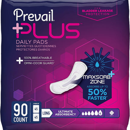 Prevail Plus | Long Length Incontinence Bladder Control Pads | Ultimate Absorbency | 90 Count (2 packs or 45)