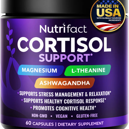 NutriFact Cortisol Supplements for Women & Men – Cortisol Reducer with Ashwagandha, Magnesium, L-Theanine & Vitamin B Complex – Stress Relief, Vegan, Non-GMO, Made in USA – 60 Capsules