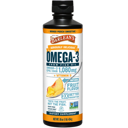 Barlean's Omega 3 Fish Oil Liquid Supplement with Vitamin D for Men and Women, 1080mg of EPA and DHA Fatty Acid, Promotes Brain & Heart Health - Non-GMO, Mango Peach, 16 oz