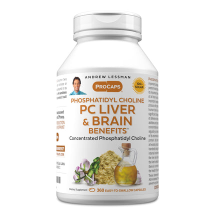 ANDREW LESSMAN PC Liver and Brain Benefits 360 Softgels - Phosphatidyl Choline, Most Important Building Block for Healthy Liver and Brain Structure, Function. No Additives. Easy to Swallow Softgels