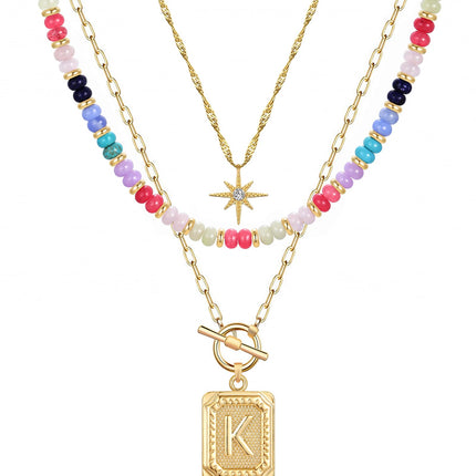 MJartoria Layered Initial Necklaces for Women Trendy, 14K Gold Plated Simple Star Choker Square Letter Pendant Necklace, Colorful Beaded Necklace, Gold Necklaces Jewelry Gifts (K, Gold Plated)
