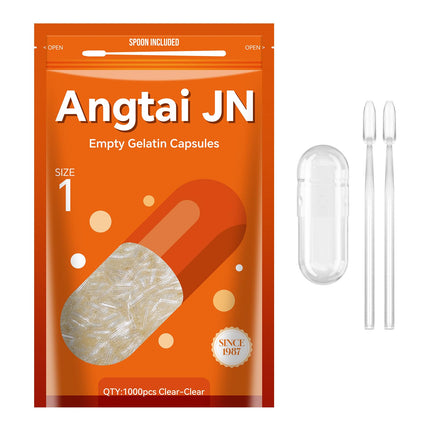 Angtai JN Capsules Size 1 Empty Gelatin Pill Gel Caps Pure Bovine Clear (1,000 Count) Gluten Free, Non-GMO, Halal Certified Filling Kit with 2 Spoons for DIY Your Own Supplements