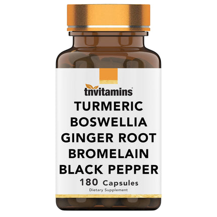 tnvitamins Turmeric & Boswellia Complex (180 Capsules) with Ginger Root, Bromelain, & Black Pepper Extract | Joint-Ease Formula: Powerful Joint Support Supplement* | Produced in The USA